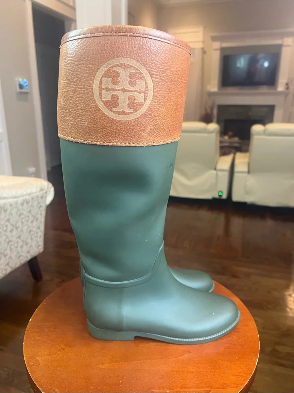 Tory Burch Green and Tan Tall Rain Boots